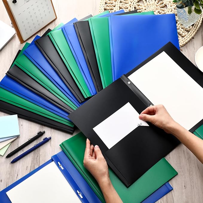 Cholemy 72 Packs Pocket Folders with Prongs Heavy Duty Plastic Folder with Business Card Slot 3 Prong Fasteners for School Office (Black,Blue,Green) - Image 4