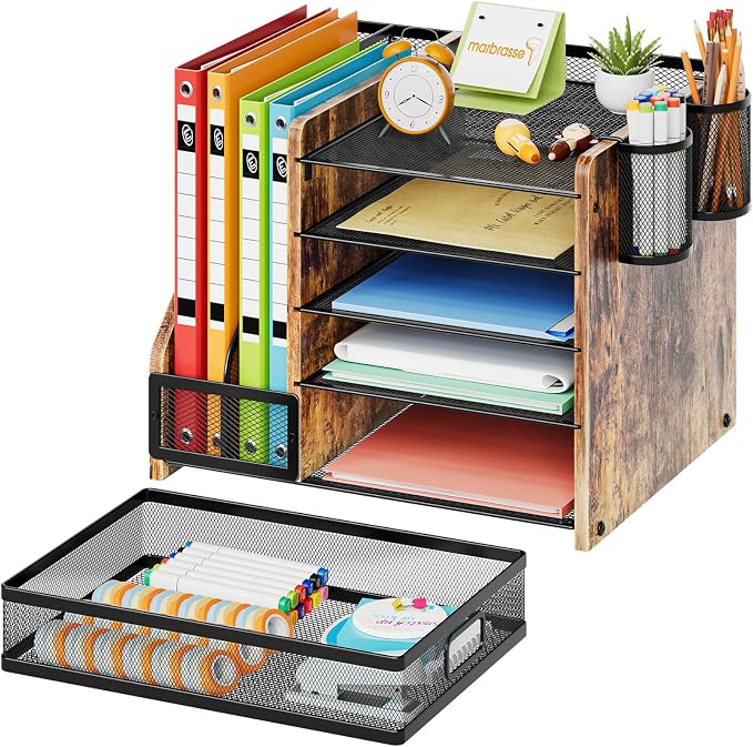 Marbrasse Desk Organizer with File Holder, 5-Tier Paper Letter Tray Organizer with Drawer and 2 Pen Holder, Mesh Desktop Organizer and Storage with Magazine Holder for Office Supplies (Wood-Brown) - Image 2
