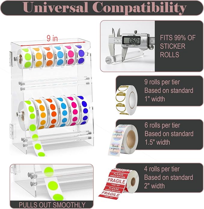 Acrylic Sticker Dispenser, Label Dispenser, Sticker Roll Holder | Double-Layer Design, 12 Roll Capacity, Adjustable Dividers, Easy Visibility, Ideal for Office, School, Craft Rooms & Home - Image 3