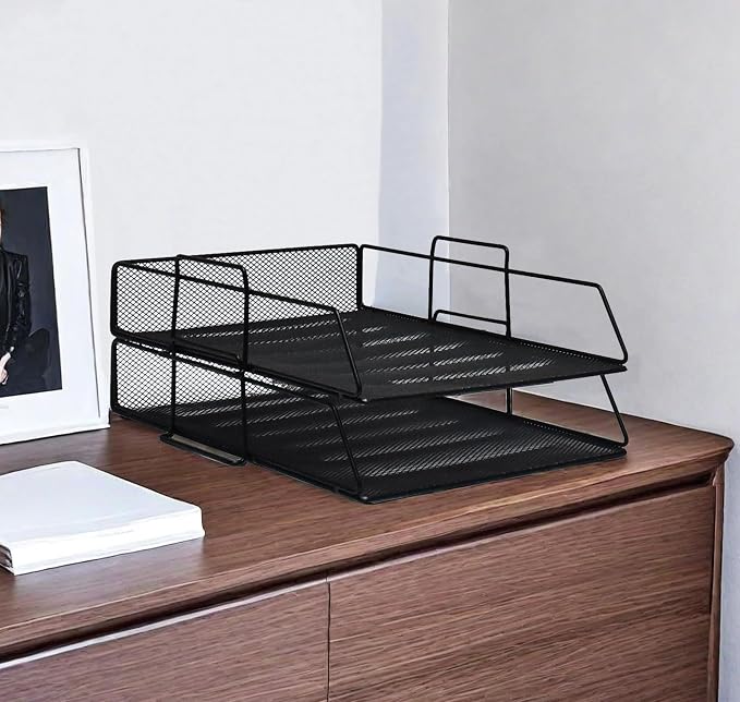 YFS A4 Mesh Letter File Folder Holder, Paper Organizer Letter Tray with Handle, 2 Tier Stackable Letter Tray, Document Organizer, Office Decor (A4,Vertical,Black, 2 Tier) by wen-liz-US