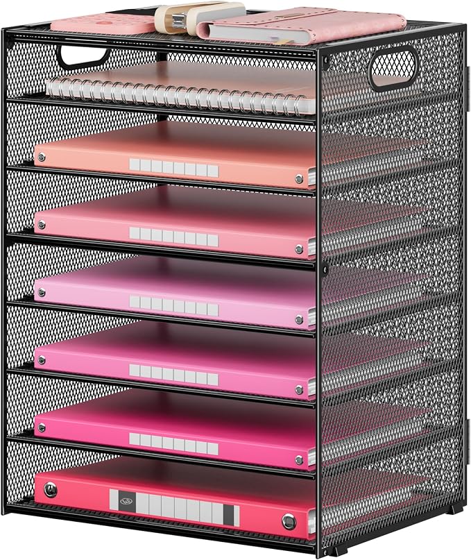 Lavatino 8 Tier Paper Organizer for Desk, Black Mesh Letter Tray File Sorter Organizers with Handles, Including 5 Adjustable Slid Trays for Office School Classroom Supplies Organization and Storage by Lavatino