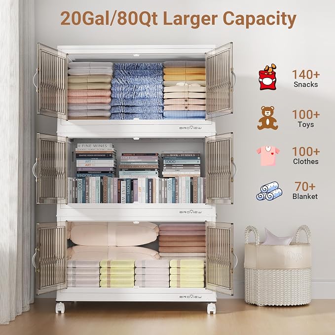BROVIEW 240Qt Stackable Storage Bins with Lid, Extra Large Closet Organizer Collapsible Drawer Boxes with Wheels, Folding Plastic Cabinet Containers for Home Kitchen Room Organization, 3Pack White - Image 4