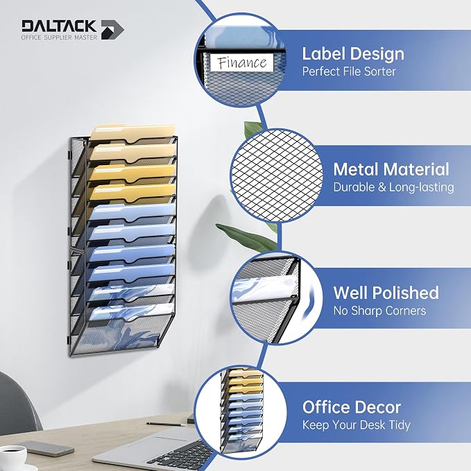 DALTACK 10 Tier Wall File Organizer, Mail Organizer Wall Mounted, 2 Pack | Hanging File Organizer for Papers&Clipboard&Magazine, Suitable for Office Home School Classroom, Assembly Needed, Black - Image 3