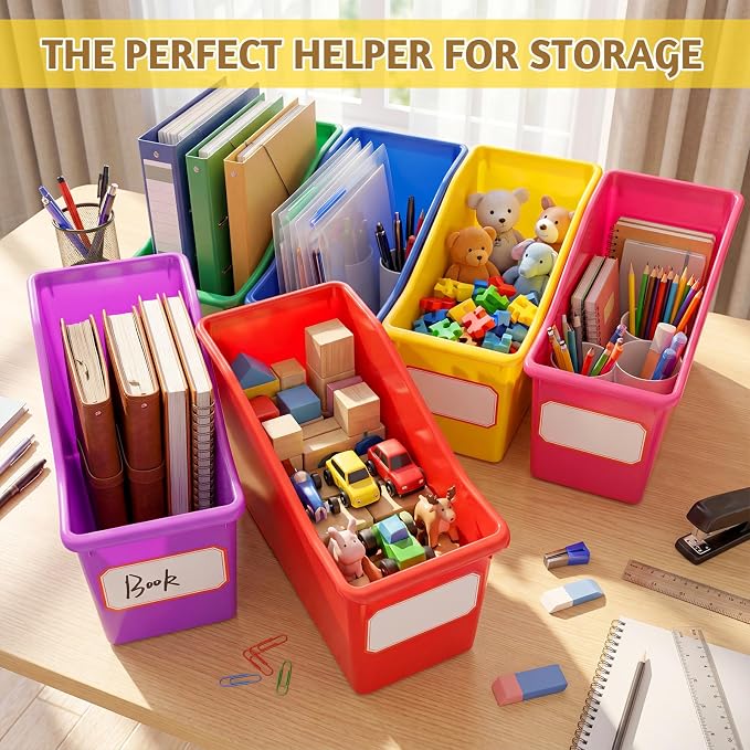 Teling 36 Pcs Book Bins Bulk for Classroom Storage Plastic Magazine Holder with Label Interlocking File Folder Organizer Binder Container Box for School Office Desktop Bookshelf Home (Rainbow Bright) - Image 6