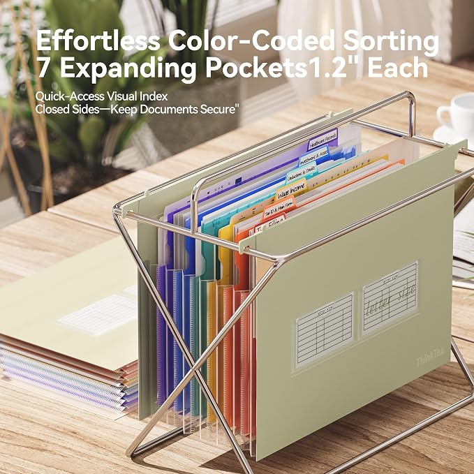 ThinkTex Plastic Expanding Hanging File Folders, 7 * 1.2" Accordion Pocket | Large Capacity, Multi-Color Tabs, Letter Size for Filing Cabinet - Yellow - Image 4
