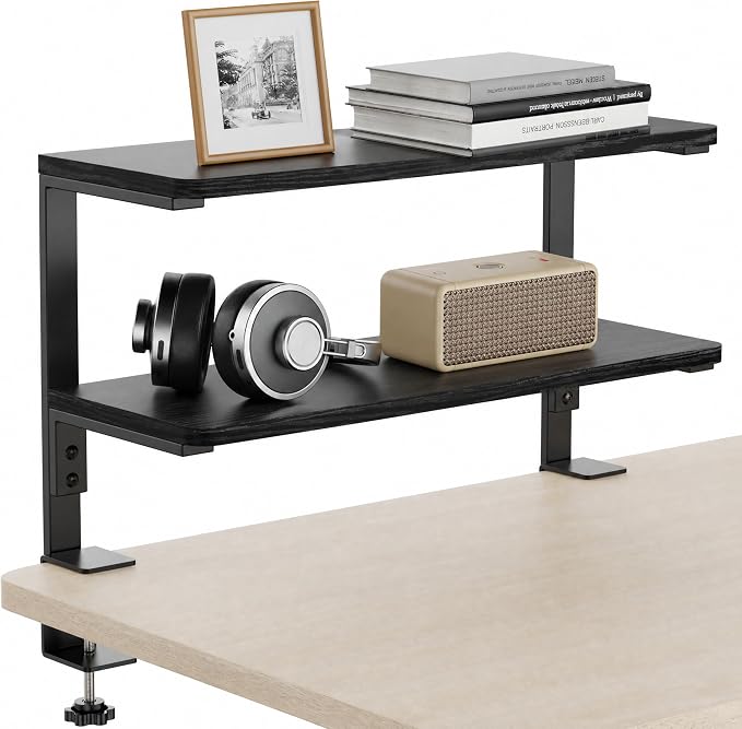 2-Tier Desk Extender, 22-inch Clamp-On Desk Shelf, Height-Adjustable Desktop Shelf Organizer for Monitors Office and Gaming Accessories, Arm Support Table Extension, Black by ART-GIFTREE