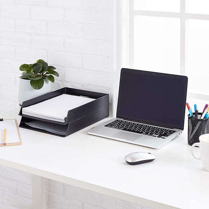 Amazon Basics Rectangular Plastic Desk Organizer, letter size Tray, 2-Pack, 9.7 x 2.2 x 13 inches, Black - Image 5
