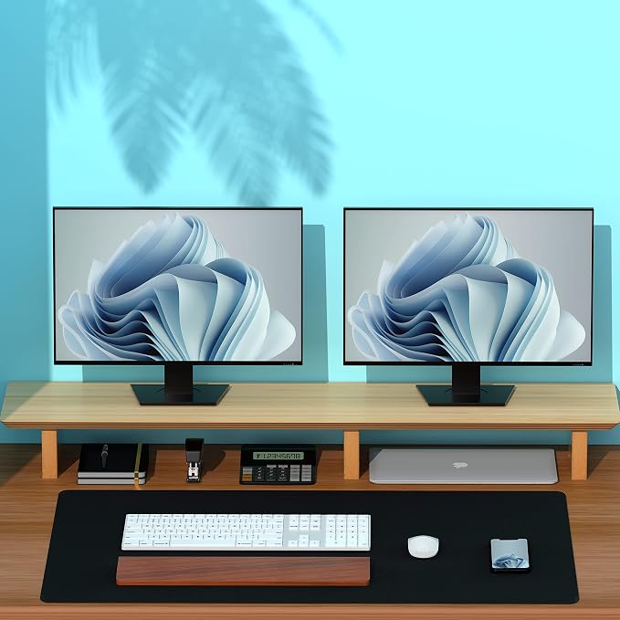Aothia Large Dual Monitor Stand Riser, Solid Wood Desk Shelf with Eco Cork Legs for Laptop Computer/TV/PC/Printers, Perfect Desktop Stands Organizer with Underneath Storage for Office Accessories - Image 7