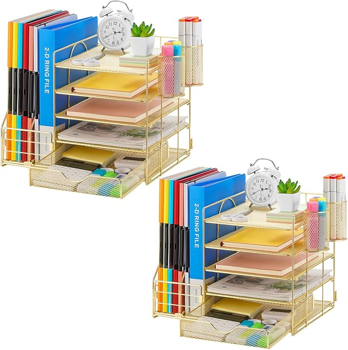 Marbrasse Desk Organizer with File Holder, 5-Tier Paper Letter Tray Organizer with Drawer and 2 Pen Holder, Mesh Desktop Organizer and Storage with Magazine Holder for Office Supplies (Gold 2p) by Marbrasse