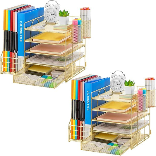 Marbrasse Desk Organizer with File Holder, 5-Tier Paper Letter Tray Organizer with Drawer and 2 Pen Holder, Mesh Desktop Organizer and Storage with Magazine Holder for Office Supplies (Gold 2p) by Marbrasse