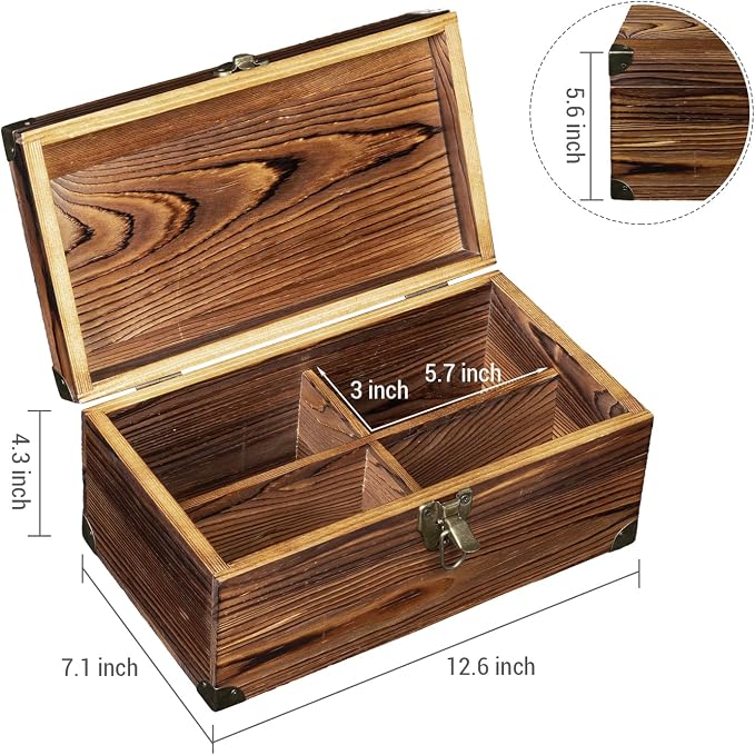 MyGift Rustic Dark Brown Wood Retro Audio Cassette Tape Storage Box with Antique Brass Tone Metal Latch and Brackets, 4 Compartments Hold up to 32 Tapes - Image 5