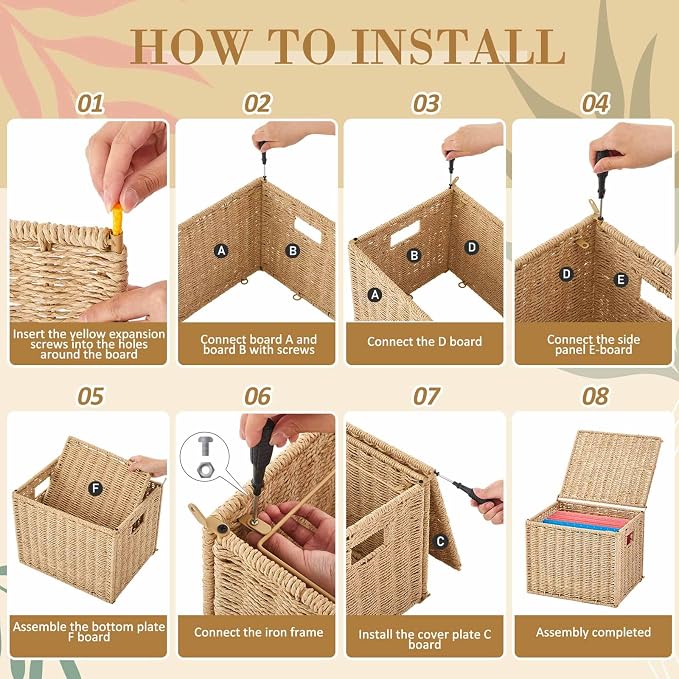 Jingmore 1 Pack Paper Rope File Box Organizers Collapsible Letter Size Filing Cabinet with Lid Woven Hanging File Basket Portable Decorative Document Storage Box for Office/Decor/Home (Letter Size) - Image 4