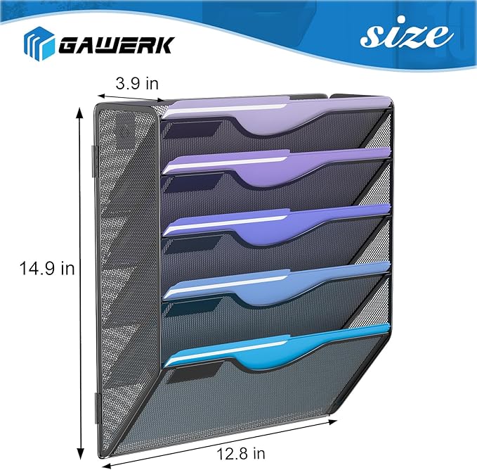 Gawerk 5 Tier Hanging Wall File Organizer, Mesh Mail Paper Orgnization Hanging File Folder Holder for Home Office, Black - Image 2