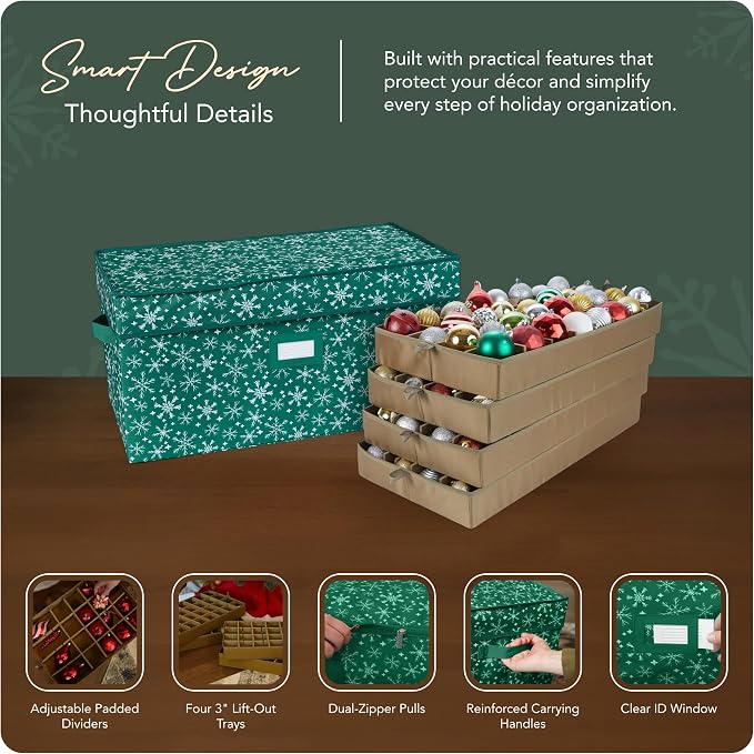 Covermates Keepsakes Adjustable Ornament Storage Box – Heavy-Duty Polyester, Padded Dividers & FlexGrid Trays – Protective Holiday Organizer with Stackable Walls & Label Window, Green Snowflake - Image 4