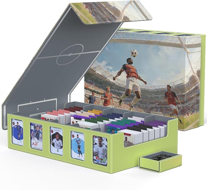 Kabinka Soccer Card Storage Box with Window Display, 5-Row Sport Card Storage Box, 3900+ Card Deck Box for Soccer Sports Card TCG, 5 Top Loaders, 5 Stoppers, 48 Dividers, 1 Dice Tray (Soccer 3) by Kabinka