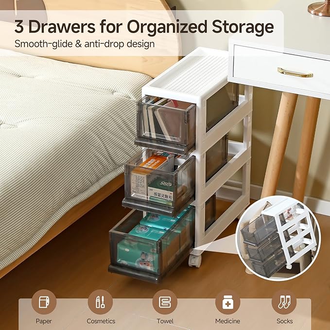 Plastic 3 Drawer Storage Organizer, Narrow Plastic Storage Drawers with Wheels, Storage Cart with Drawers for Small and Narrow Space, 7.87-inch Wide (gray) - Image 4
