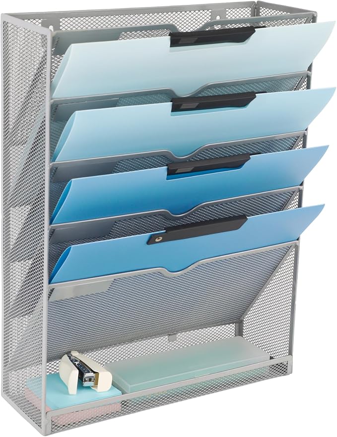 6 Tier Mesh Hanging Wall File Organizer, Desk Vertical Mail Paper Document Folder Holder Rack with Bottom Tray and Nametag Label for Office Home School, Gray by EASEPRES