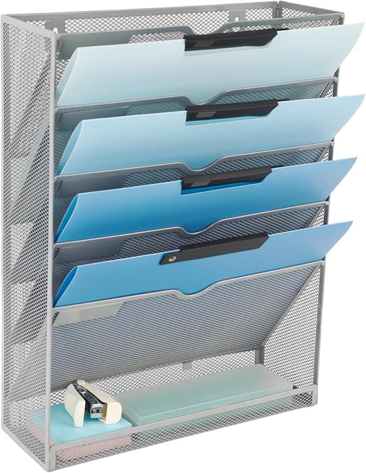 6 Tier Mesh Hanging Wall File Organizer, Desk Vertical Mail Paper Document Folder Holder Rack with Bottom Tray and Nametag Label for Office Home School, Gray by EASEPRES