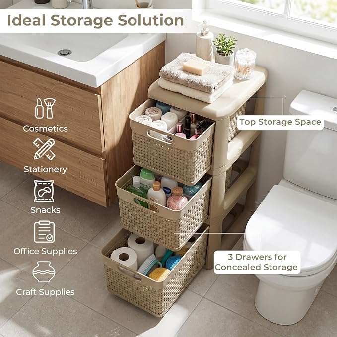 Giantex 3-Drawer Storage Organizer, Plastic Wicker Tower Baskets, Counterop & Under-desk Compact Container Boxes for Office, Bedroom, Bathroom, Living Room, Taupe - Image 6