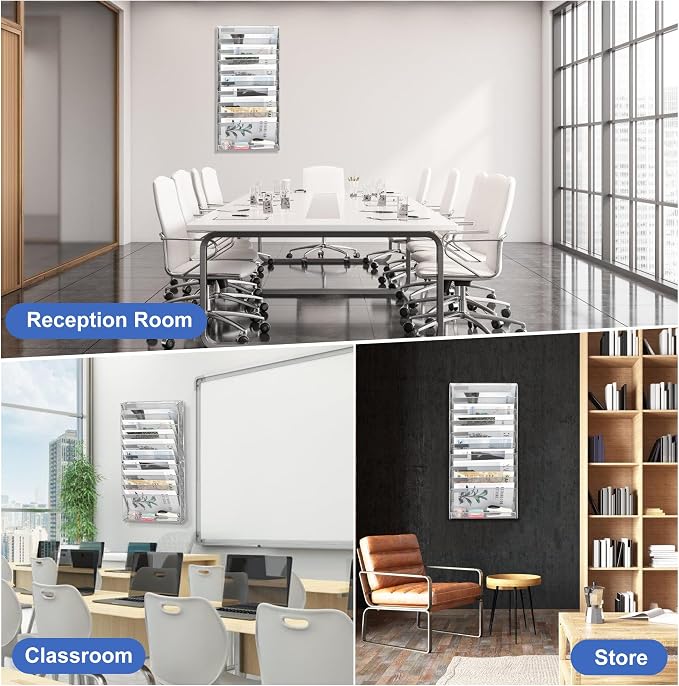 EasyPAG Wall File Holder 10 Tier Mesh Hanging Folder Organizer with Flat Tray Wall Mounted Mail Organizer Magazine Paper Desk Shelf with Nametag Label for Office Home School, Silver - Image 7