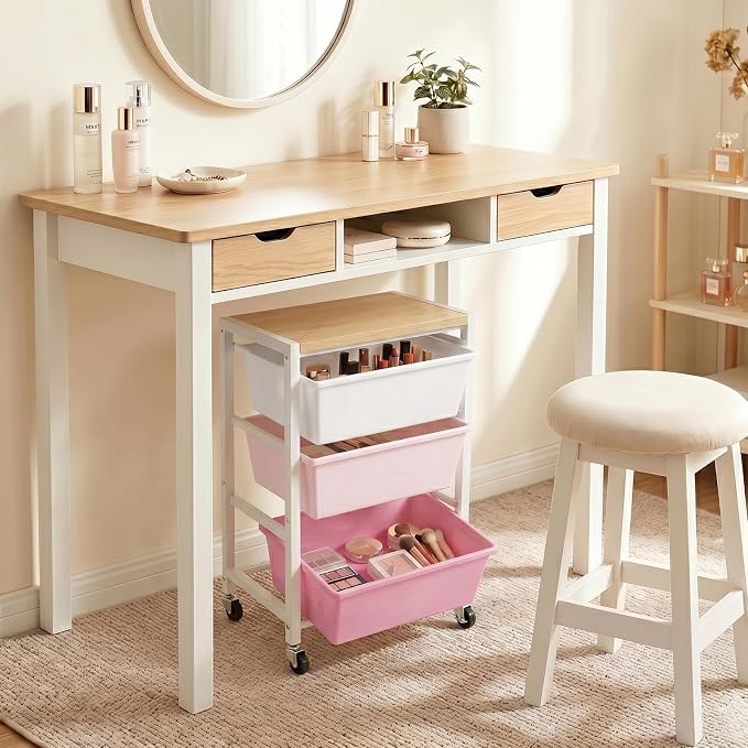 Rolling Cart with 3 Drawers, Plastic Drawer Storage Carts with Lockable Wheels & Wooden Tabletop, Metal Art Craft Utility Cart Organizer for Home Office Bedroom Dorm Bedside Classroom, Bright Pink - Image 8