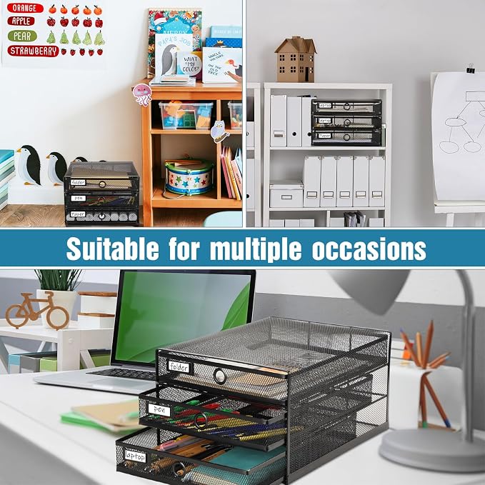 Zhanmai 1 Pack Black Desk Organizer with Drawer Total Wire Mesh Storage Tray Multifunctional Paper Sorter File Stand for Home Office Supplies Letter A4 Paper Office Accessories Back to School (3 Tier) - Image 5