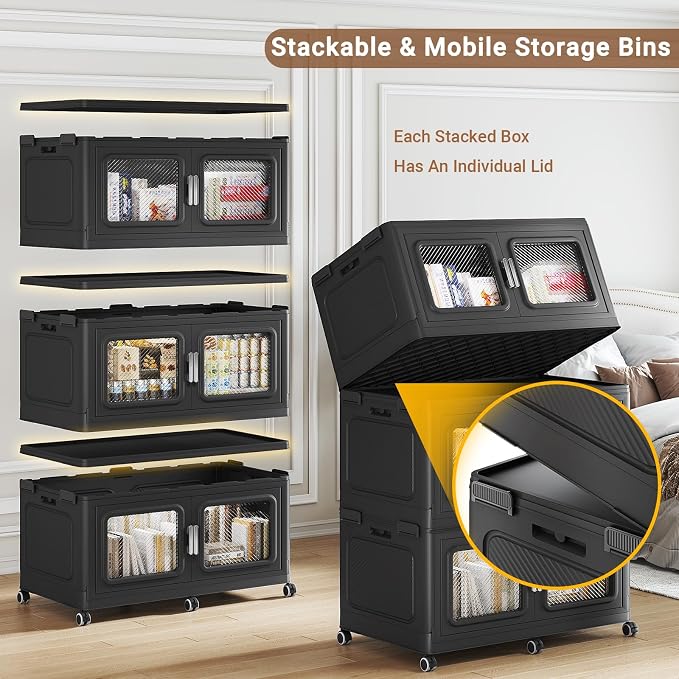BROVIEW 220 Qt/55 Gal Stackable Storage Bins with Lids, 1 Pack, Black | Large Stackable Storage Boxes w/ 1 Lid Folding Plastic Cart Organizer for Home Kitchen, Open Front Clear Door with Wheels - Image 2