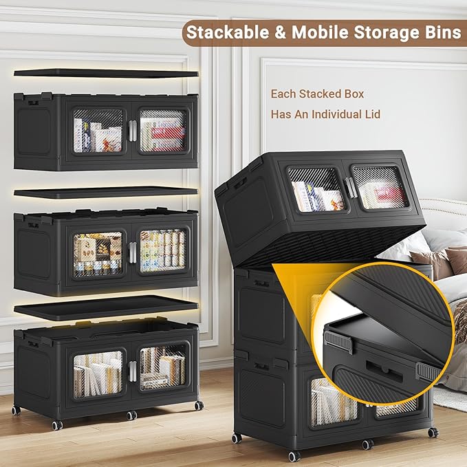 BROVIEW 660 Qt/165 Gal Stackable Storage Bins with Lids, 3 Pack, Black | Large Stackable Storage Boxes w/ 3 Lid Folding Plastic Cart Organizer for Home Kitchen, Open Front Clear Door with Wheels - Image 3