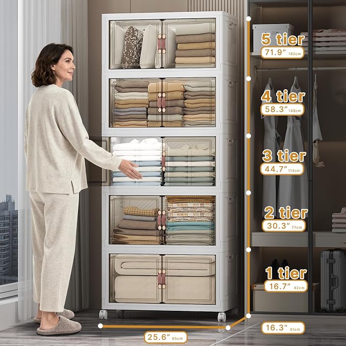 Stackable Storage Bins, 560QT Collapsible Drawers with 1 Lid | Large Capacity, Magnetic Door, Stack Lock, Rolling Wheels, Foldable Design, Organizers and Storage for Bedroom Dorm Garage - Image 2