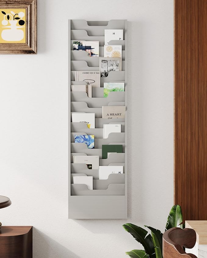 OSKIE Wall-Mount File Organizer, 16 Pockets Document Holder, Metal Construction, Gray White Powder-Coated, 14x3x46H inches - Image 2