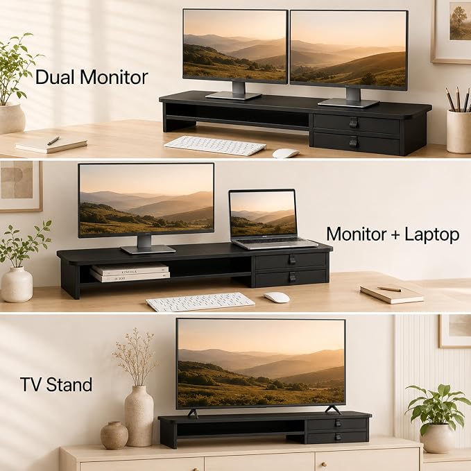 Dual Monitor Stand, 42.5 Inch Wood Monitor Riser with Drawers, 2 Tier Desktop Organizer for Computer Laptop TV, Large Screen Stand for Home Office Desk - Image 6