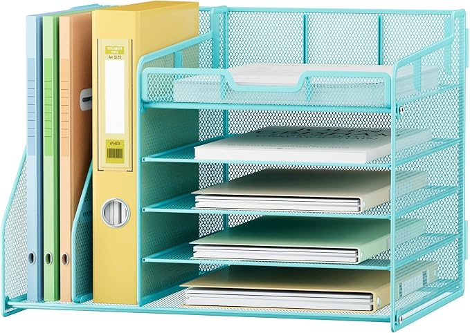 Lavatino 5-Tier Desk Organizer with 2 File Holders, Metal Adjustable Paper Letter Tray for Office or Home Desk Organizers and Accessories | 7 Flexible Dividers Keep Workspace Supplies Neat, Blue - Image 2