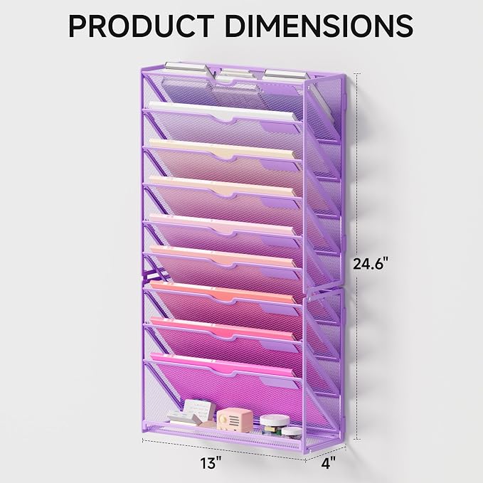 Lavatino Hanging Wall File Folders Organizer - 10-Tier Purple Metal Mesh Paper Magazine Document Mail Holder File Organizer for Office School Home Wall Mount or Desk Supplies Organization - Image 4