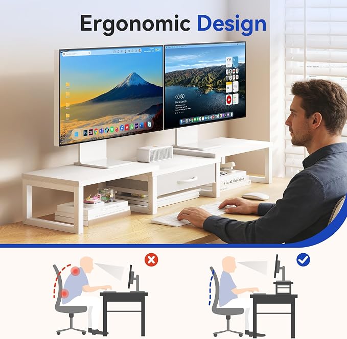 Dual Monitor Stand Riser, Desk Organizers and Accessories with Drawer, Computer Monitor Stands for Desk, Adjustable Desktop Shelf for PC Laptop Printer TV, White - Image 4