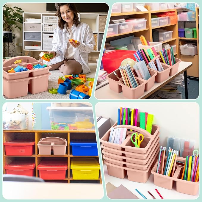 Lineshading 12 Pcs Classroom Caddy with 3 Compartment - Multipurpose Portable Plastic Storage Table Caddies with Handles for School Home Office Organizer(Flesh Pink) - Image 6