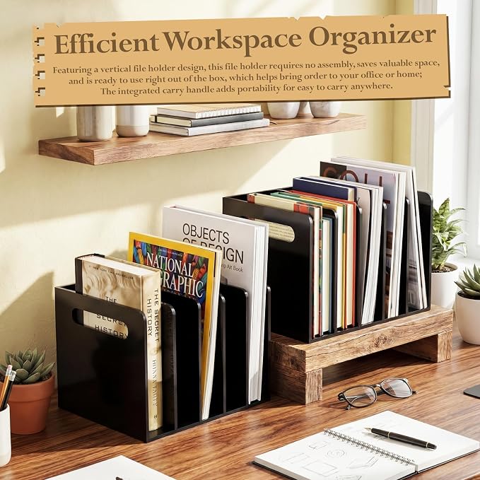 Didaey 1 Pack Acrylic Magazine File Holder, 5 Vertical Compartments Desk Sorter Organizer Magazines Documents Books Accessories Black Folder Rack Binder for Office Home(B5, 5 Sections, Black) - Image 4
