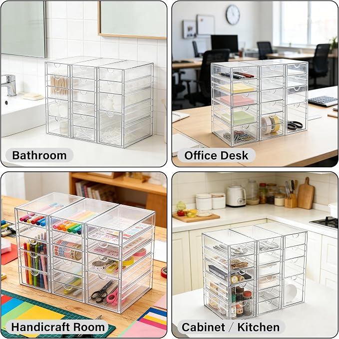 Prsildan 15 Drawers Teacher Toolbox Acrylic Containers, Set of 3 | Clear, Pens Markers Stickers Hardware Storage, Office Desk Kitchen Cabinet Garage Organizer - Image 5