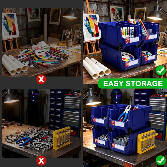 4Pack Storage Organizer Boxes,Desk Drawer Organizer, Stackable Storage Bins for Store Tools,Office Supplies,Workshop,Containers Garage(14.84" x 8.39"x 7.01"),Blue - Image 5