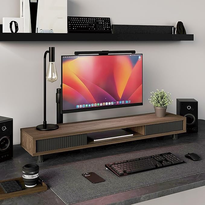 Fenge Dual Monitor Stand with Storage, Desk Shelf with Glass Sliding Door | Ergonomic Height Adjustment, 42.5in Monitor Shelf, 2-Tier Monitor Riser, Desk Organizer for Screen, PC, Laptop, Brown - Image 2