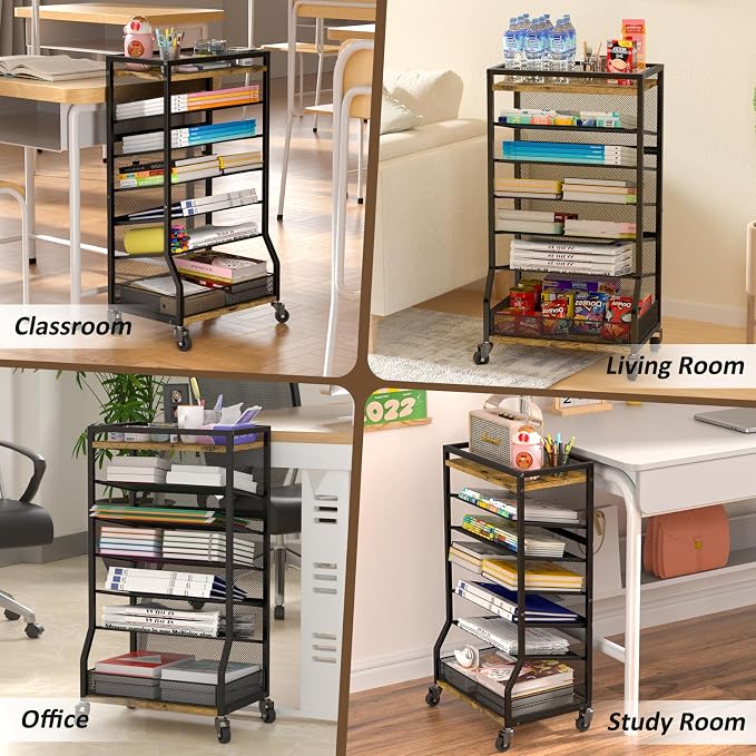 ThreeHio 7 Tier Rolling File Cart with Sliding Trays, Wood Metal File Organizer Beside Desk, Free-Standing File Holder, Paper Letter Tray Organizer Mesh Desk Organizer for Home Office School (Patent) - Image 8
