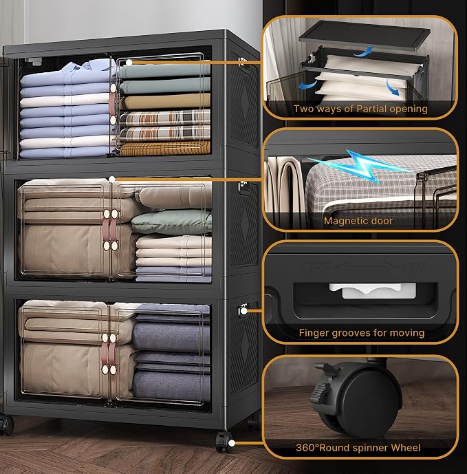 Stackable Storage Bins with Lids, 360QT Closet Organizers and Storage Cabinet with Doors & Wheels, Lockable Plastic Foldable Drawers for Bedroom Dorm Office Garage（120QT*3,Black） - Image 6