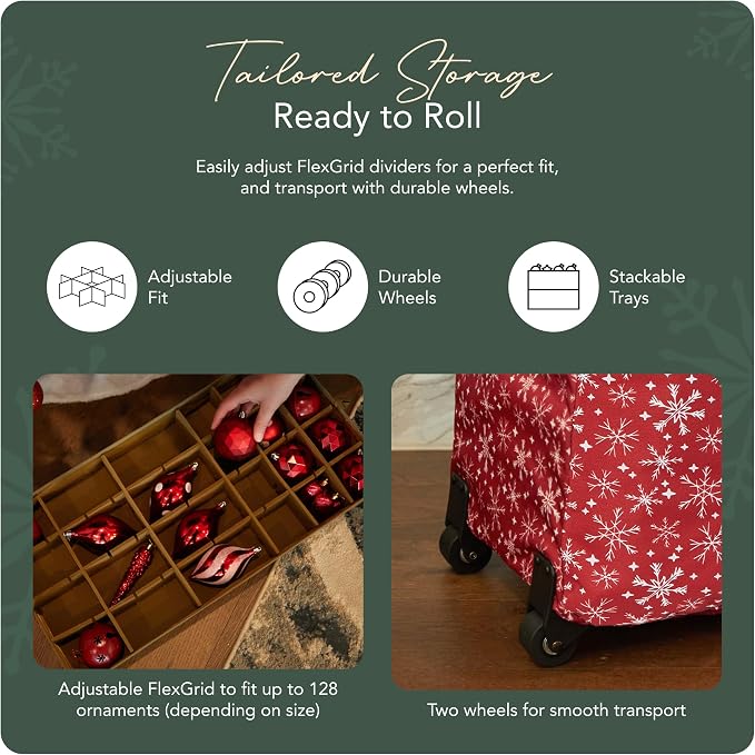 Covermates Keepsakes Rolling Adjustable Ornament Storage Bag – Heavy-Duty Polyester, FlexGrid Trays & Padded Dividers – Protective Holiday Organizer with Wheels, Handles & ID Window, Red Snowflake - Image 5