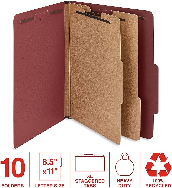 Staples 100% Recycled Heavy‑Duty Classification Folder, Letter Size, 2 Dividers, 2″ Expansion, Red Pressboard, 10/Box - Image 2