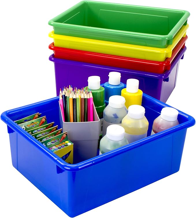 Storex Letter Size Deep Storage Tray – Organizer Bin with Non-Snap Lid for Classroom, Office and Home, Assorted Colors, 5-Pack (62542A05C) - Image 5