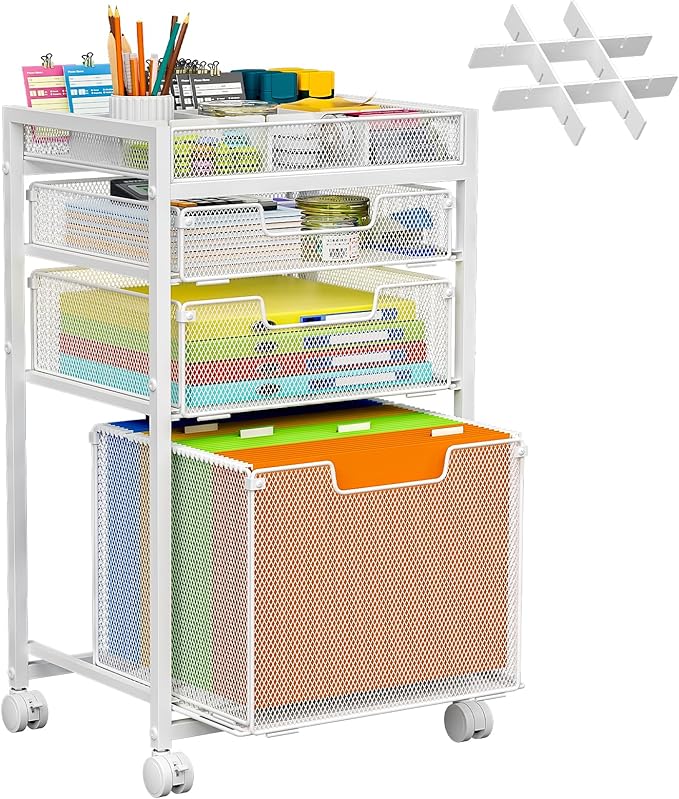 Rolling File Cart with 3 Storage Drawers, Under Desk Organizer with DIY Divider, Moblie Filing Cabinet on Wheels, Fits A4/Letter Size, Metal Utility Cart for Home Office, White by JKsmart
