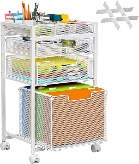Rolling File Cart with 3 Storage Drawers, Under Desk Organizer with DIY Divider, Moblie Filing Cabinet on Wheels, Fits A4/Letter Size, Metal Utility Cart for Home Office, White by JKsmart