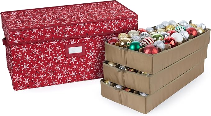 Covermates Keepsakes Adjustable Ornament Storage Box – Heavy-Duty Polyester, Padded Dividers & FlexGrid Trays – Protective Holiday Organizer with Stackable Walls & Label Window, Red Snowflake by Covermates