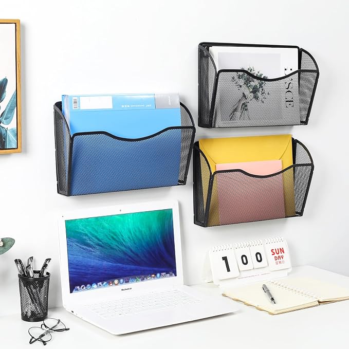 6 Pockets Wall File Organizer Metal Mesh Hanging Document Paper Holder Wall Mount Magazine Rack for Business Home Office Classroom, Black - Image 4
