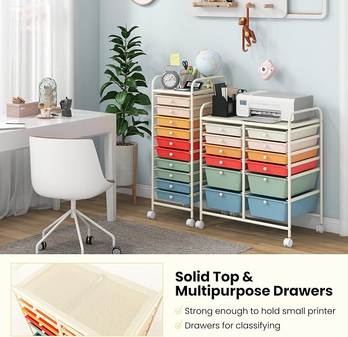 COSTWAY 12-Drawer Rolling Storage Cart, Moveable Art Craft Organizer | Lockable Wheels, Metal Shelf, Files Arrangement Tools Makeup Storage Cart for Office, Home, School (Macaron) - Image 8