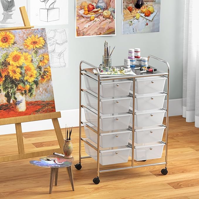Moccha 10-Drawer Rolling Storage Cart - Under Desk Storage Drawers with wheels for Craft Art Supply Paper Salon, Scrapbook Paper Tools, Mobile Utility Cart for Classroom, Clear - Image 4